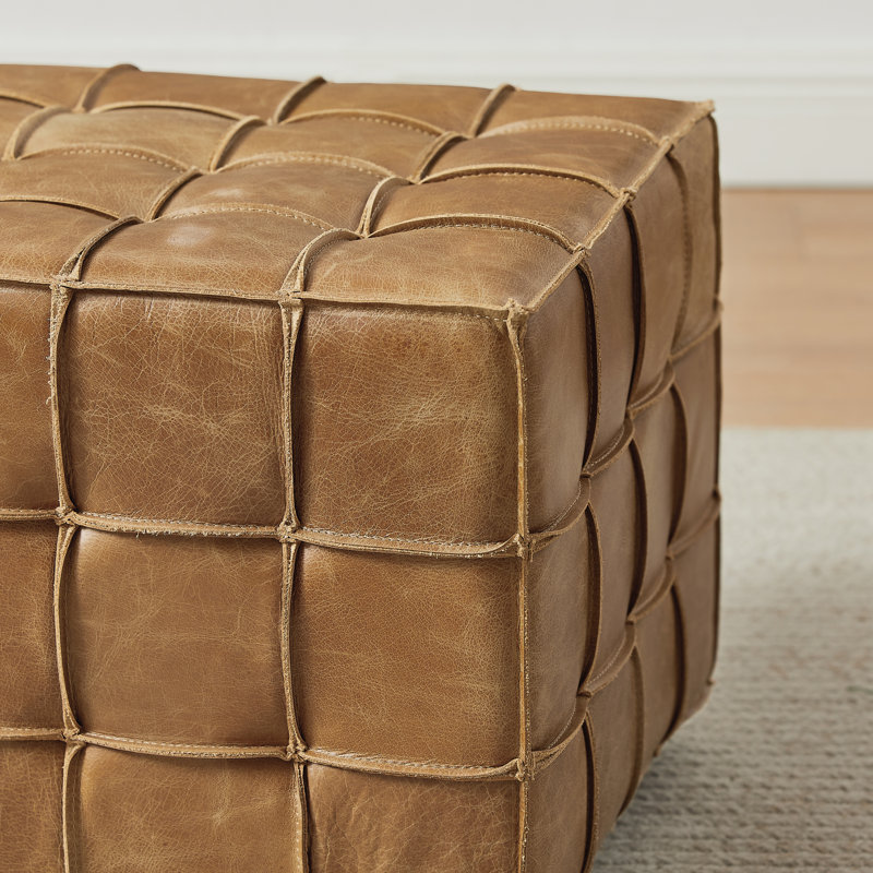 Genuine Leather Square Cube Ottoman Foot Stool, Light Brown