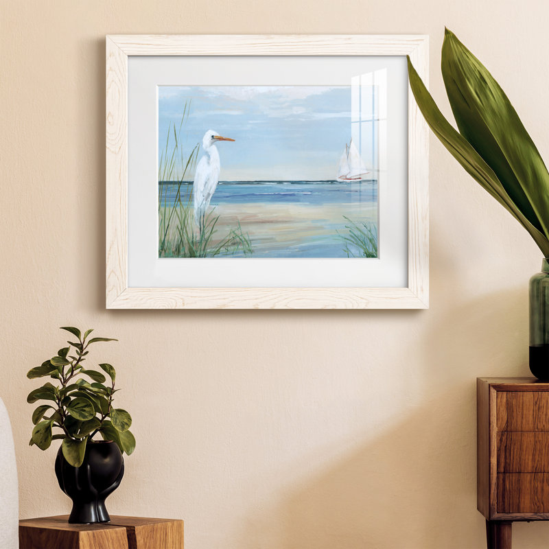 Summer Heron - peinture encadrée, Cadre blanc, H 20 po x l 17 po x P 1,5 po