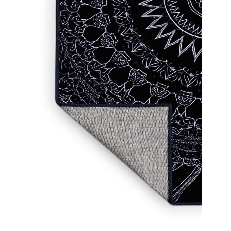Machine Washable Peoro Global Inspired Geometric Rug in Blue – Navy Binding, 7x9
