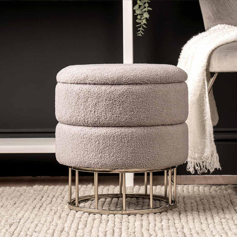 Velvet Boucle Storage Stool for Bedroom Furniture, Modern Round Storage Accent Stool, Grey, Silver