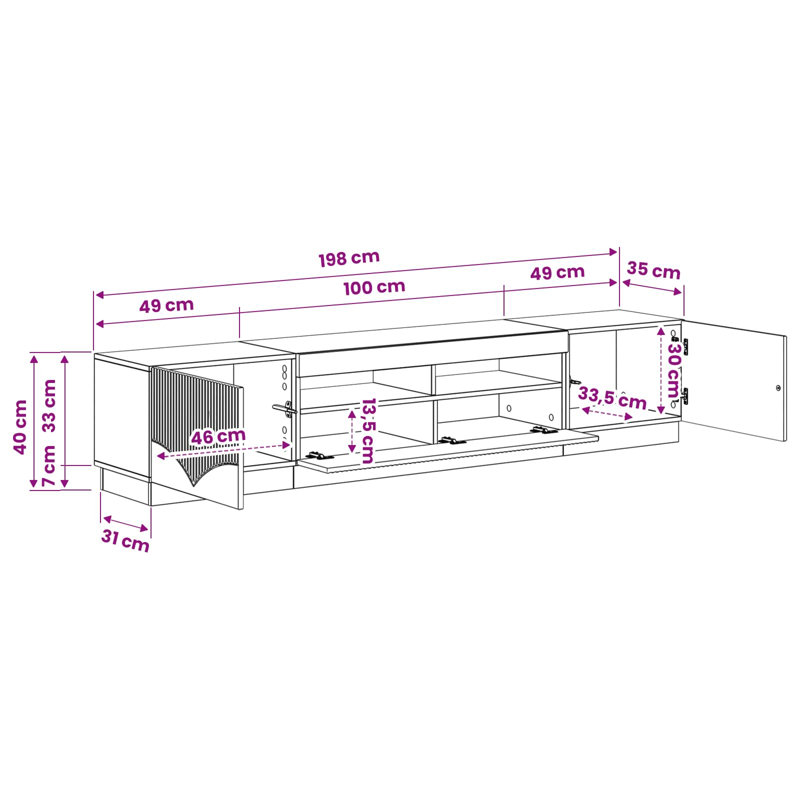 TV Stand, 40cm H x 198cm W x 35cm D, High Gloss White
