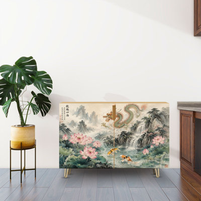 Sideboard Buffet Cabinet with Storage Traditional Chinese Dragon Lotus Flowers Koi Fish Waterfall Serene with 2 Doors for Living Room and Kitchen