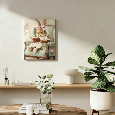 Gray Vintage Bunny Picture Cute Rabbit Canvas Solid Wood Frame Support Wall Art For Living Room Bedroom Bathroom 16" X 24"