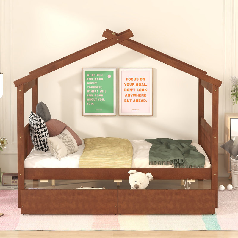 Pittston 2-Drawer Standard Bed Wooden House Bed, Walnut, Full