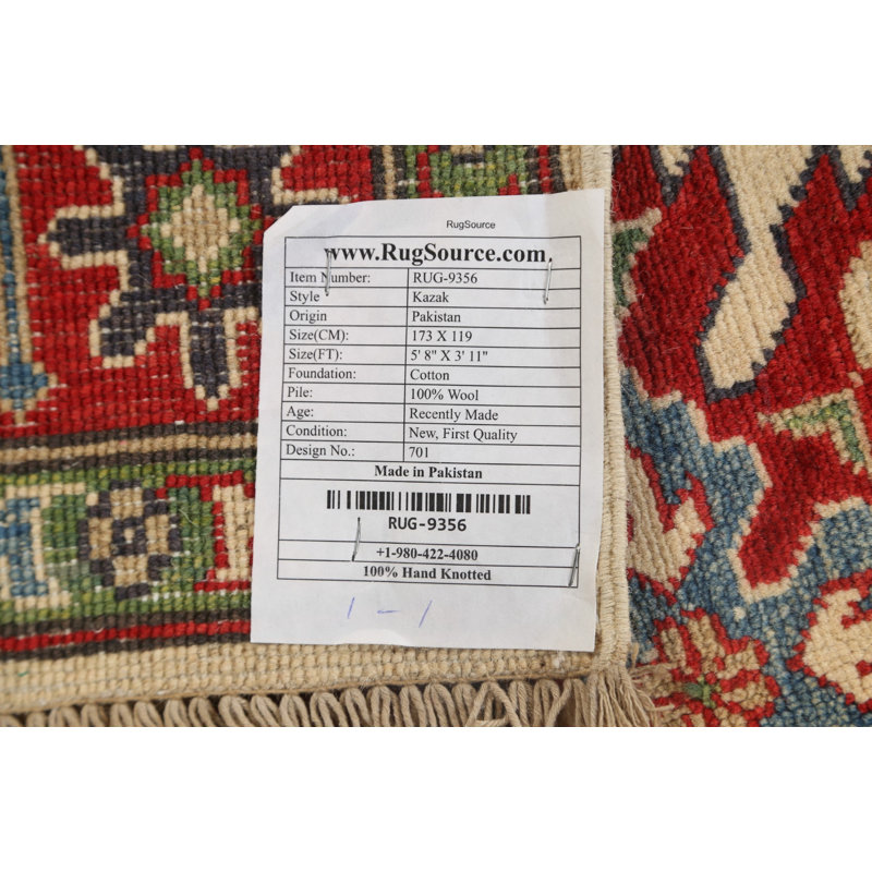 Tapis rectangulaire beige / rouge / vert / gris anthracite en laine noué à la main 3 pi 11 po x 5 pi 8 po