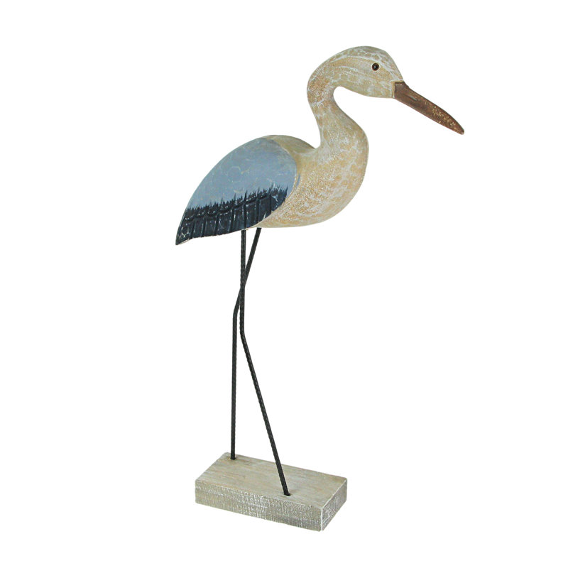 Statue d'aigrette côtière en bois d'Albesia bleu et blanc et métal, avec pattes en acier, 47,6 cm de hauteur