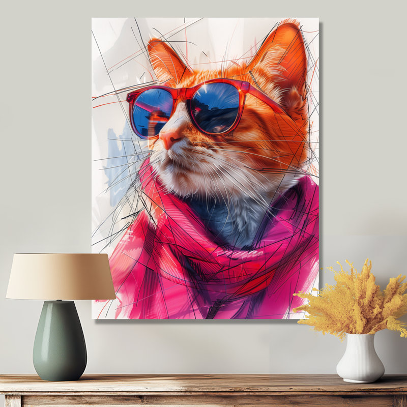 Chat curieux rose avec lunettes de soleil, H 30 po x l 40 po x P 1,5 po, Toile tendue