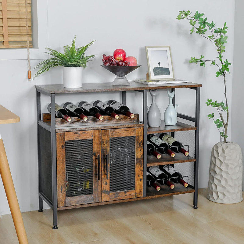 Brown Small Sideboard And Buffet Cabinet With Mesh Door And Detachable Wine Rack