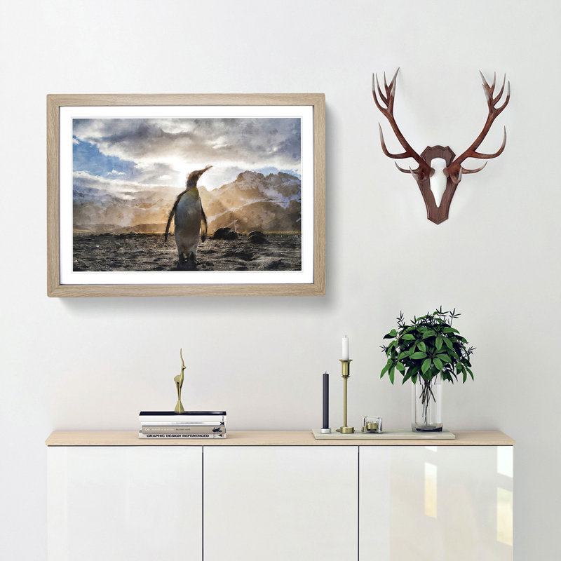 King Penguin - Picture Frame Painting Print, 33cm H x 45cm W x 2cm D, Oak Framed