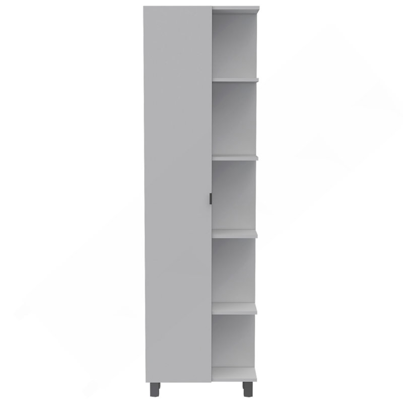 Corner Linen Cabinet, Five External Shelves, Single Door, Four Interior Shelves -White, White