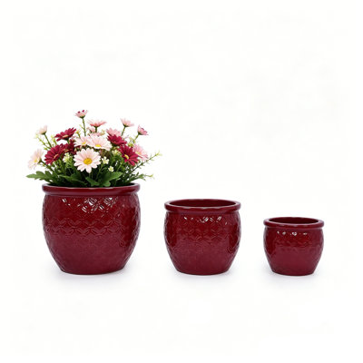  Set of 3 Ceramic Pots for Plants, 9/12/15 Inch, Quatrefoil Pattern Planters with Drainage Hole, Indoor and Outdoor Flower Pots for Pothos, Ivy, Succulent, Decorative Plant Gifts - Red