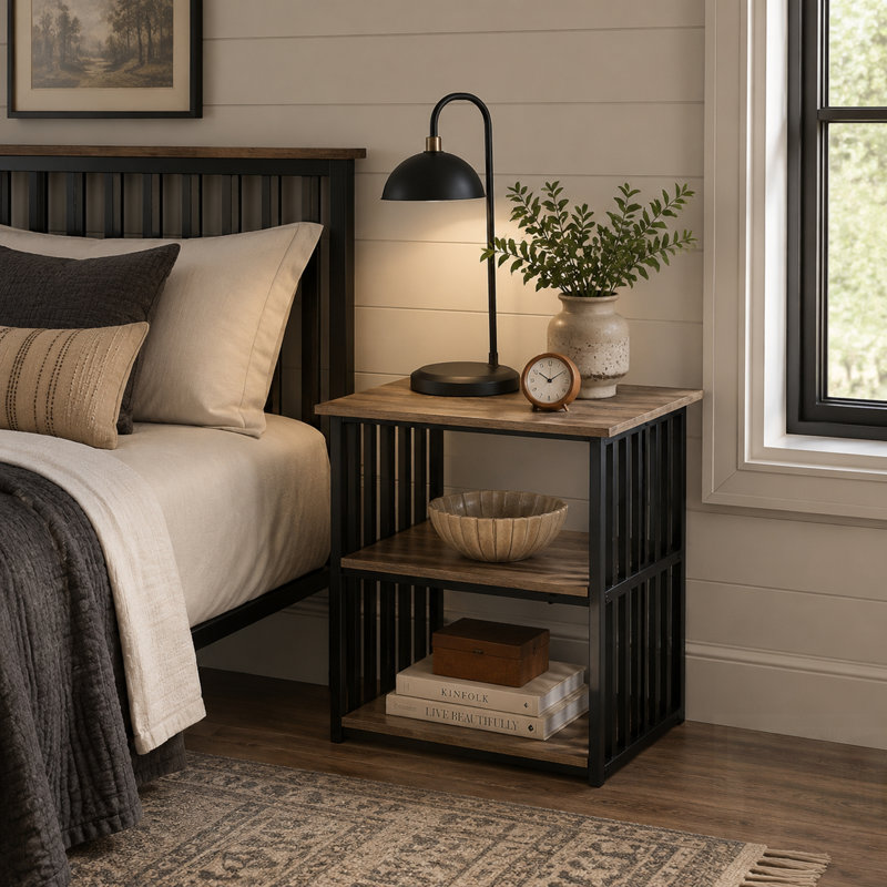 Table de chevet industrielle avec structure en métal, tablettes spacieuses pour les chambres modernes
