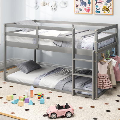 Solid Wood Versatile Twin Over Twin Floor Bunk Bed With Ladder
