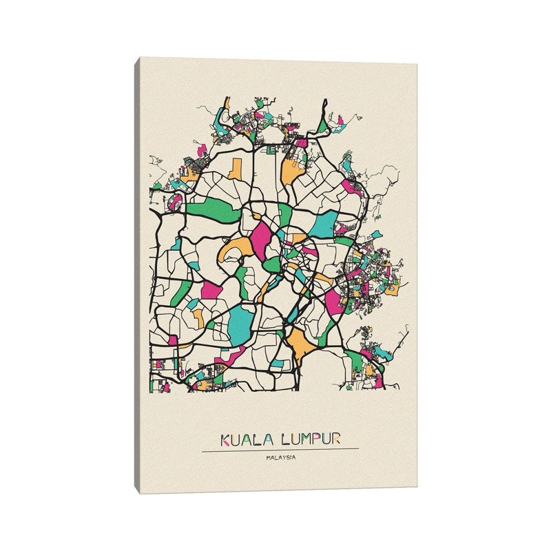 Carte de Kuala Lumpur, Malaisie par Ayse Deniz Akerman - Giclée sur toile tendue avec châssis, H 12 po x l 8 po x P 0,75 po