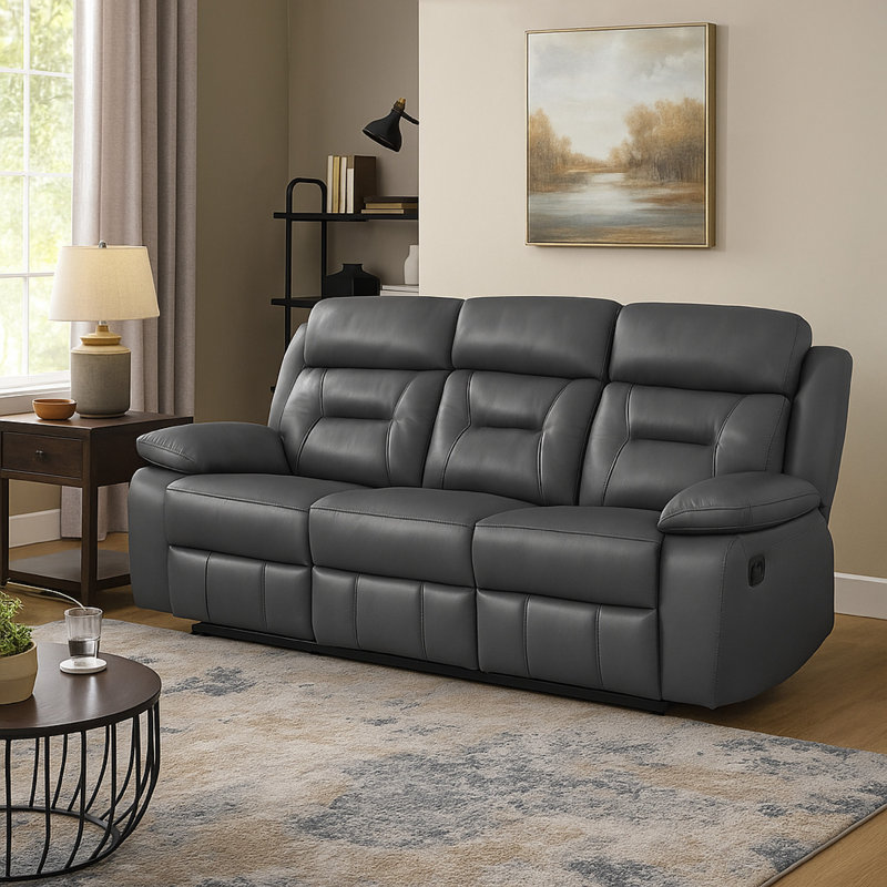 Conia Power Double Reclining Sofa, Leather, USB, 87 Inch, Manual - Push Button, Dark Gray