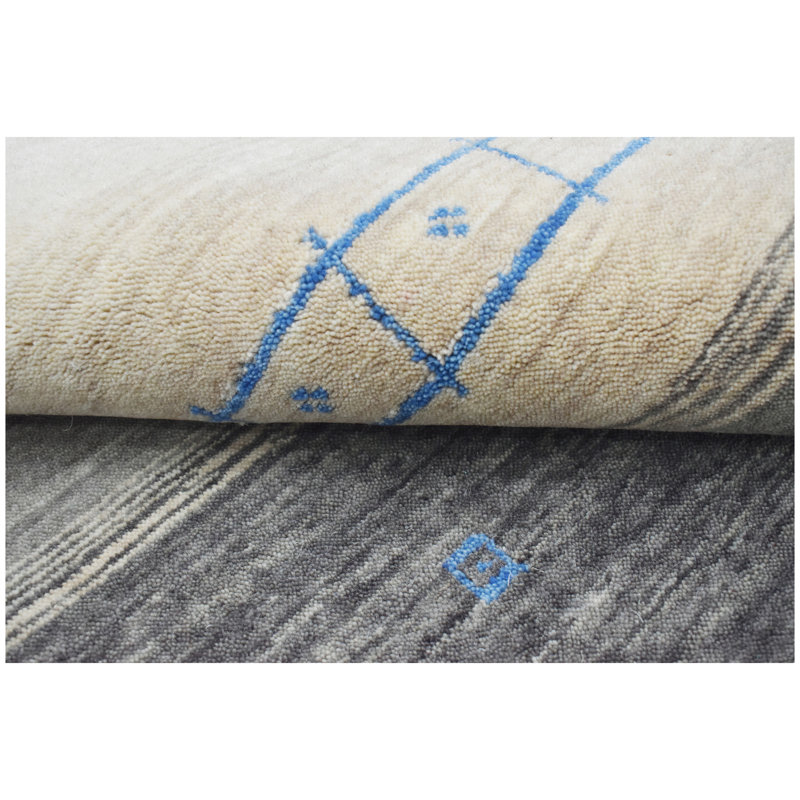 Hand Knotted Wool Striped Area Rug in Silver/Light Blue/Yellow, Rectangle 4' x 6'