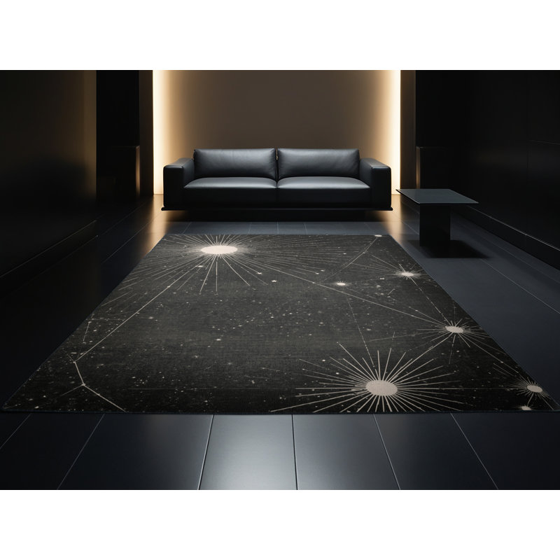 Machine Washable Palvinder Modern & Contemporary Starburst Rug in Gray – Black Binding, 2 x 5