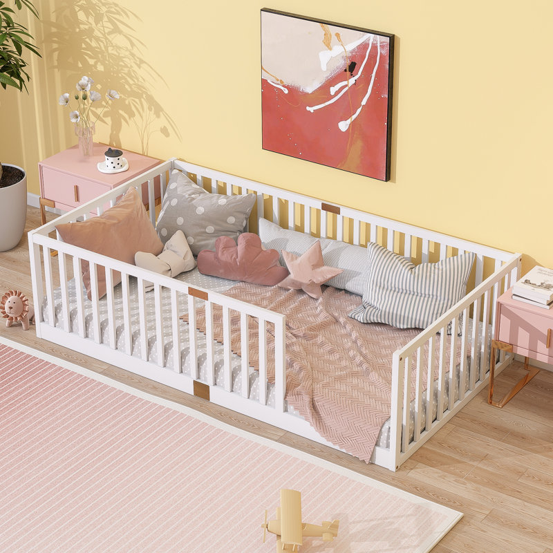 Twin Size Floor Bed with High Fence Guardrails, Rubber Wood Kids Floor Bed, 6 Slats, No Door,White, White