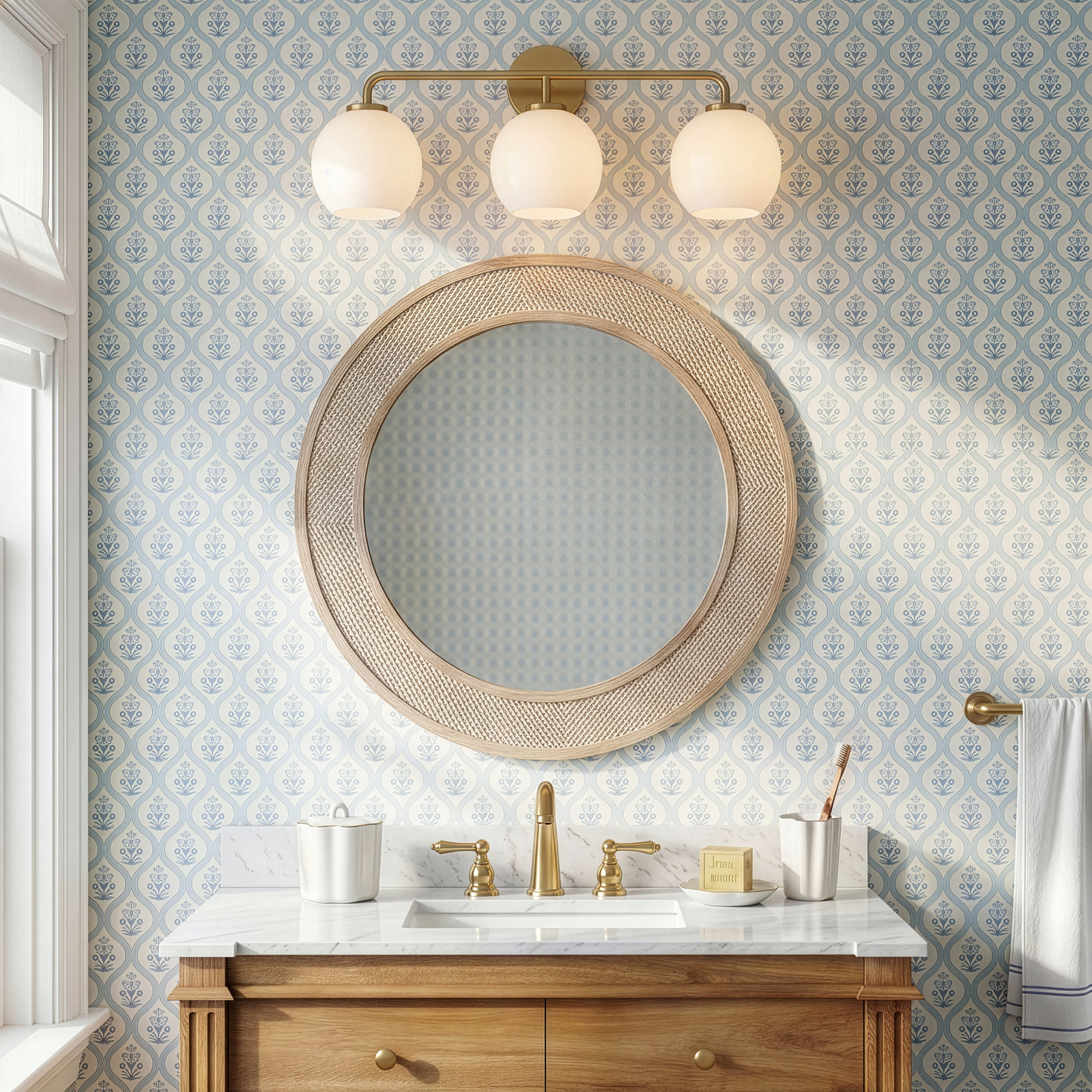 Childerley 3-Light Dimmable Vanity Light, Satin Brass, White