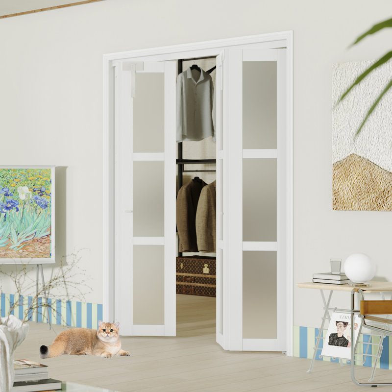 Portes doubles pliantes - 3 portes intérieures doubles en verre givré pour garde-robe, bois massif avec serrure, poignées et quincaillerie.
