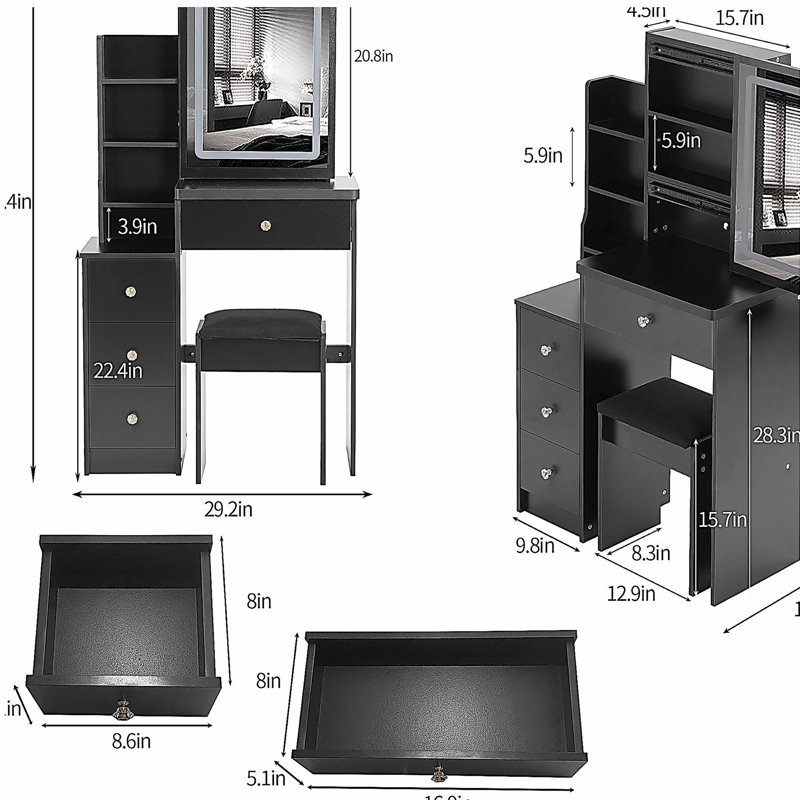 29.2" Small Size Left Bedside Cabinet Vanity Table + Cushioned Stool,2 AC+2 USB Power Station,Hair dryer bracket,Extra Large Touch Control Sliding LED Mirror,Tri-color Switching,Brightness Adjust