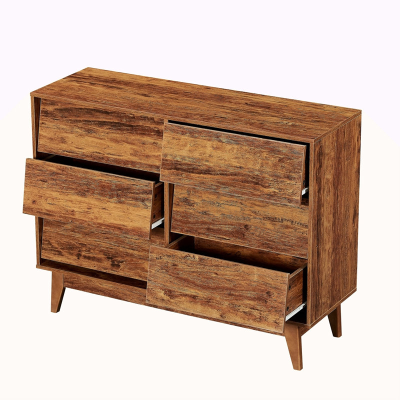 La commode double 6 tiroirs présente un design rétro et biseauté, Noyer