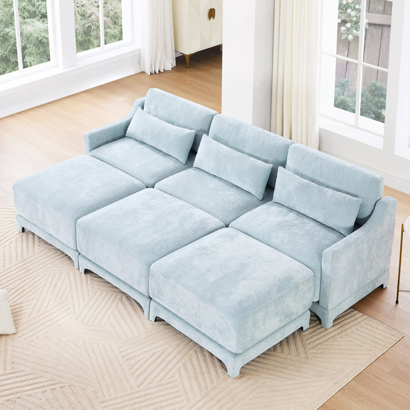 Canapé à trois places, 3 repose-pieds mobiles, équipé d'un coussin lombaire, tissu en chenille, base en bois de haute qualité, conception ergonomique, éponge à haute résilience, facile à installer
