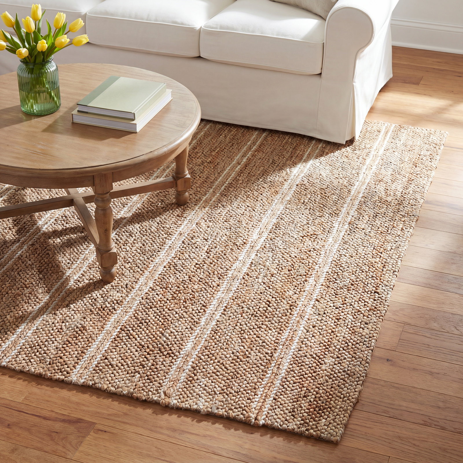 Beamond Brown Ivory Hand-Woven Striped Jute Rug, Rectangle 8' x 10'