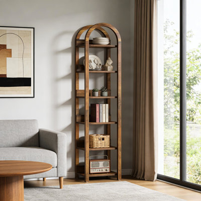 Bibliothèque haute et étroite à 6 niveaux, plateau élégant, peu encombrant dans les petites pièces, style moderne rustique, rangement ouvert pour divers articles, bois d'ingénierie brun, conception sophistiquée facile à assembler
