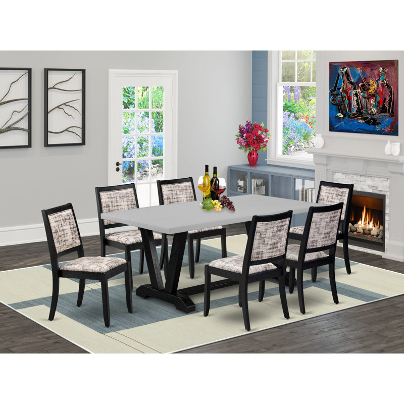 7-pc dining table set consists of a wooden table with tabletop and 6 stackable chairs with White and Gray Pattern Polyester Fabric - Wire-brushed Black