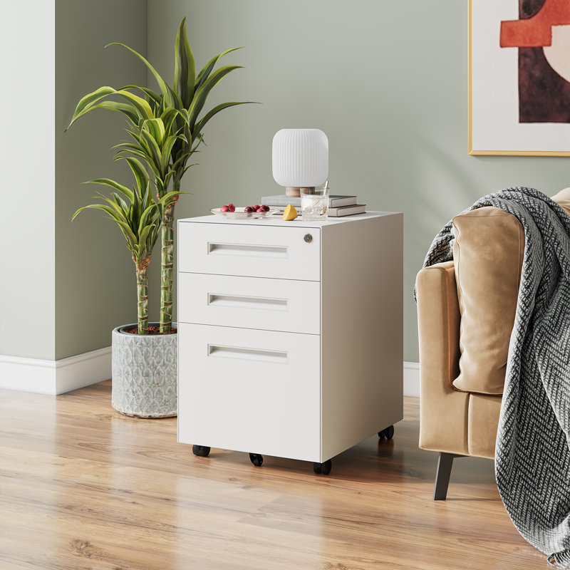 3 Drawer File Cabinet, Mobile File Cabinet with Lock on Wheels, Letter/Legal Size, Fully Assembled., White
