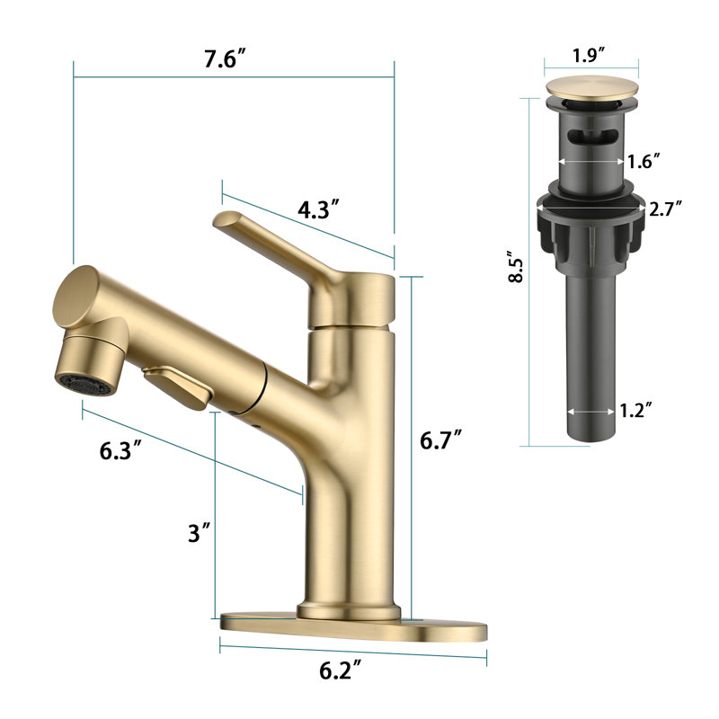 Pull Out Single Hole Bathroom Sink Faucet With Metal Pop Up Drain, Brushed Gold