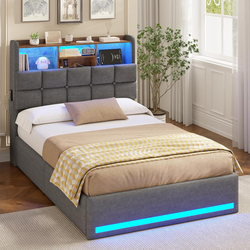 Upholstered Bed with Ottoman Under-bed Storage and Charging Station, Single (3'), Gray