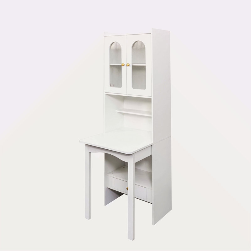 Fold-Out Convertible Writing Table, Desk Cabinet With Shelf And Drawer Multi-Function Home Office Workstation, White