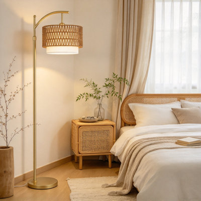 Gold Arc Floor Lamp with Remote & Dimmable LED, 3 Color Temperatures, Boho Standing Lamp with 2-in-1 Rattan & Fabric Shades, Height Adjustable Lamp for Living Room Bedroom