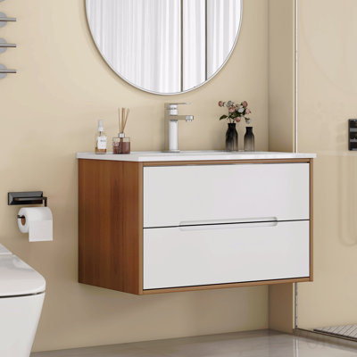Meuble-lavabo mural de 81 cm avec lavabo intégré, armoire à double tiroir, système de fermeture amortie, lavabo en céramique, bois massif, installation facile, design unique sans poignées, noyer et blanc
