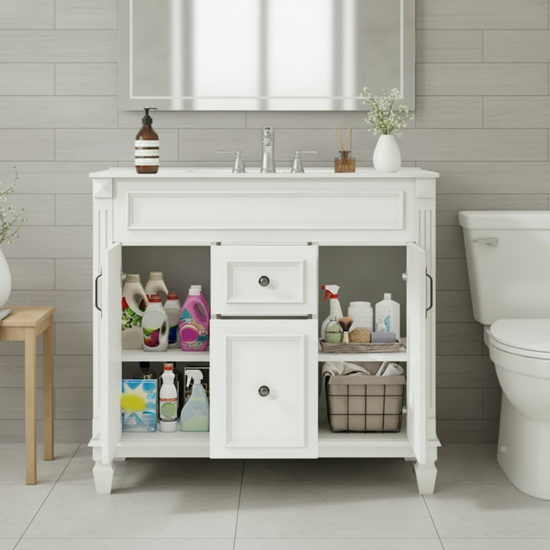 Meuble-lavabo autoportant blanc avec lavabo, deux portes et deux tiroirs, conception à fermeture en douceur.