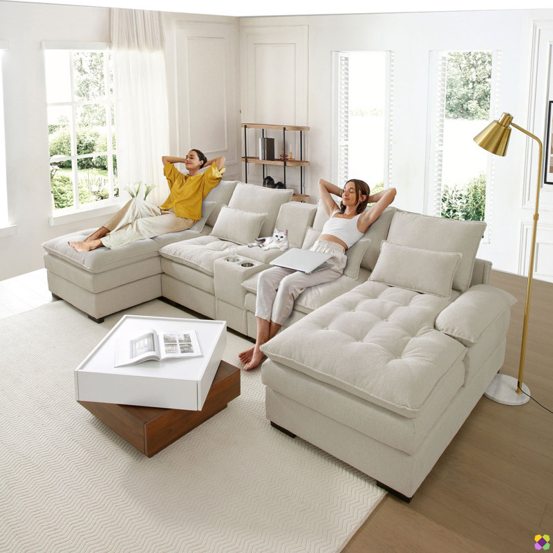 Allan 130"W 4 Piece U-shape Sectional with Console & Cup Holders, Beige Polyester Blend