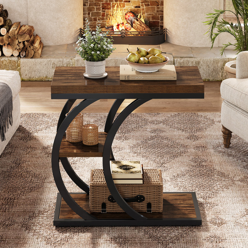 Table d'appoint à 3 niveaux en forme de C pour salon, Rustic Brown, Single