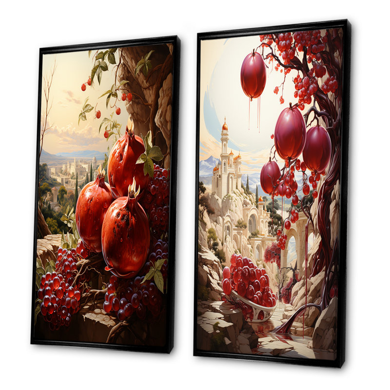 Mystic Maroon Pomegranate I - fruits, ensemble de 2 impressions sur toile, H 32 po x l 33 po, Cadre noir