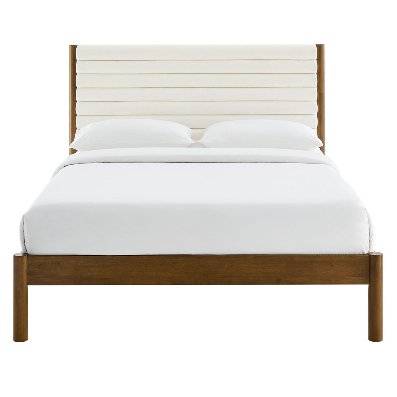 Olea Channel Tufted Boucle Solid Wood Platform Bed, Feather Walnut, Full