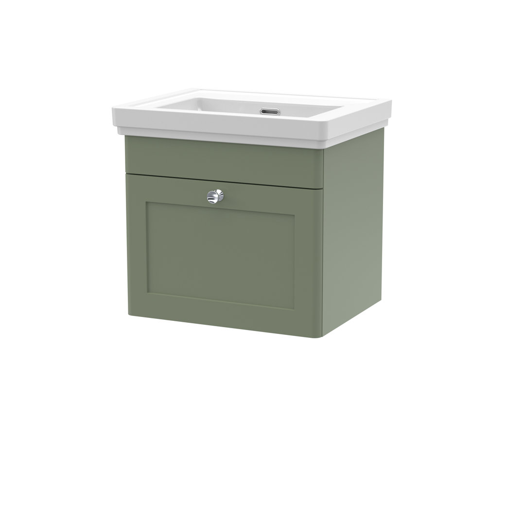 Nuie Classique Single Drawer Satin Green Wall Hung Unit And 0 Tap Hole Fireclay Basin 500Mm - Image 3