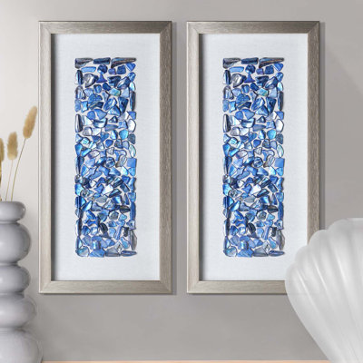 Corradina Blue Seashell Mosaic Panel Wall Art Set with Champagne Frame - Handcrafted 2 Piece Vertical Coastal Wall Decor 