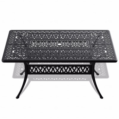 Table de salle à manger en fonte d'aluminium avec structure noire et trou pour parasol