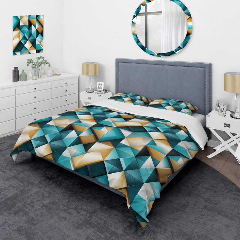 Carreaux géométriques modernes Amitie Teal - ensemble de housse de couette géométrique - microfibre de polyester