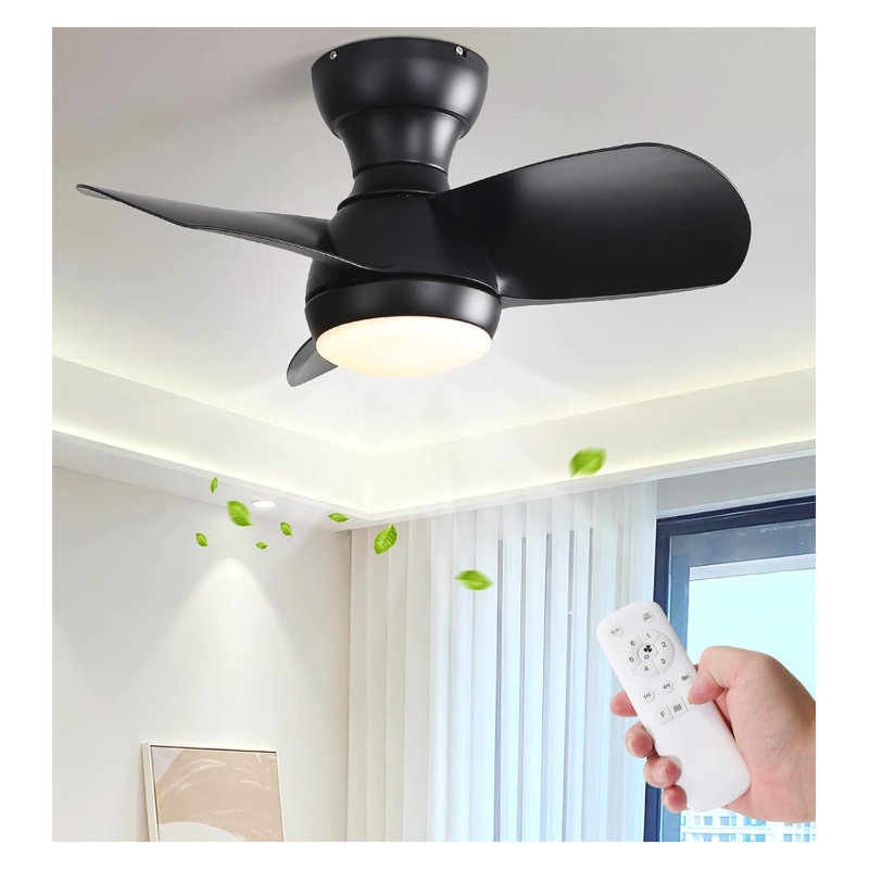 23 Inch Black Bedroom Ceiling Fan with 3 ABS Blades, Remote Control DC Motor and 18W LED Light - 3-Color Adjustment