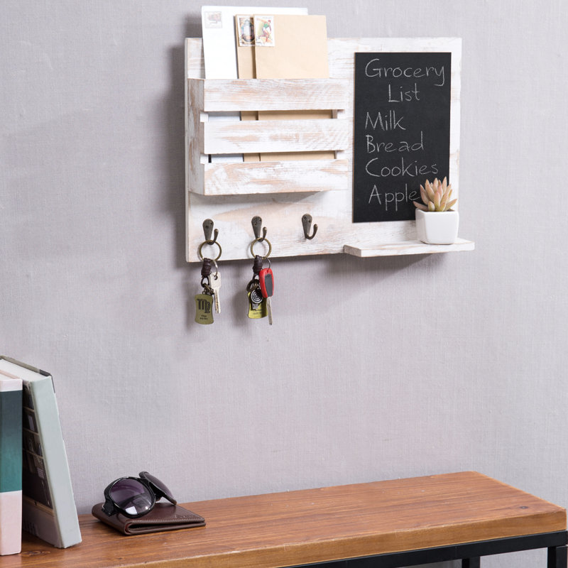 Wall Organiser With Key Hooks//Chalkboard/Mail Storage, Whitewashed