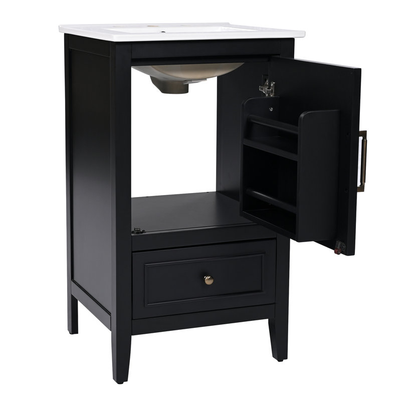 Meuble-lavabo de 20 po avec lavabo, armoire de salle de bain avec porte, tablette de porte et patins réglables, tiroir, noir