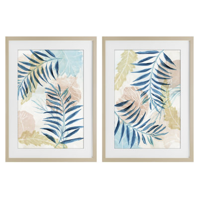 Ensemble de 2 reproductions sous verre pastel et palmiers bleus encadrés, design par Nan