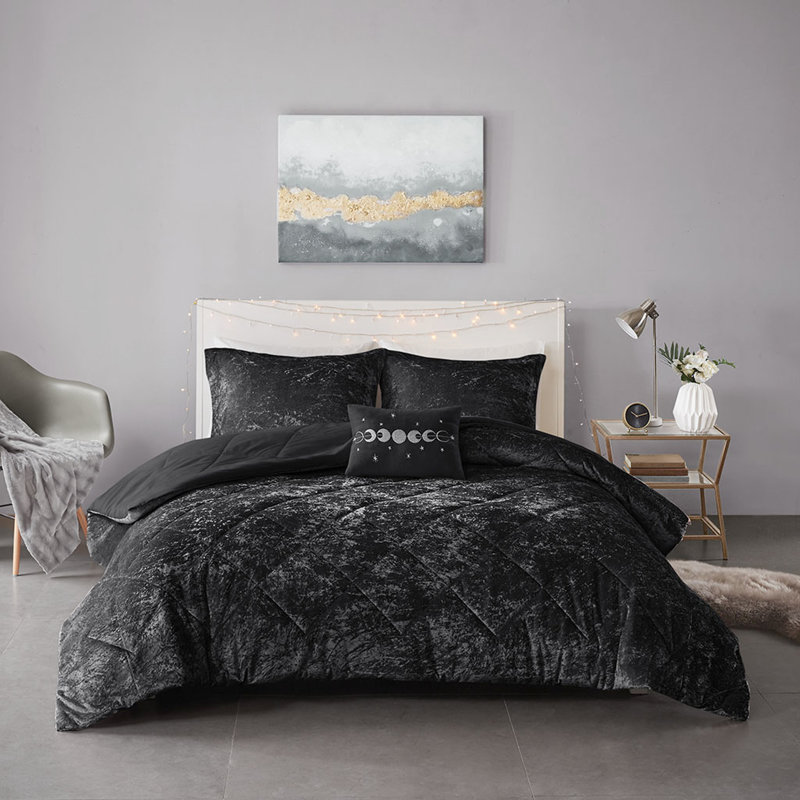 Édredon en velours noir pour lit simple / simple TG, matelassage losangé, lavable en machine, coussin noir inclus, lavage